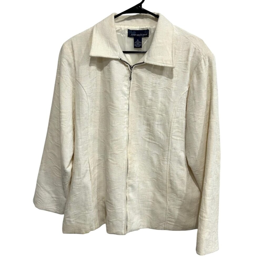 Susan Graver Womens XL Textured Zip-Up Jacket In Cream Lightweight Rayon Polyest